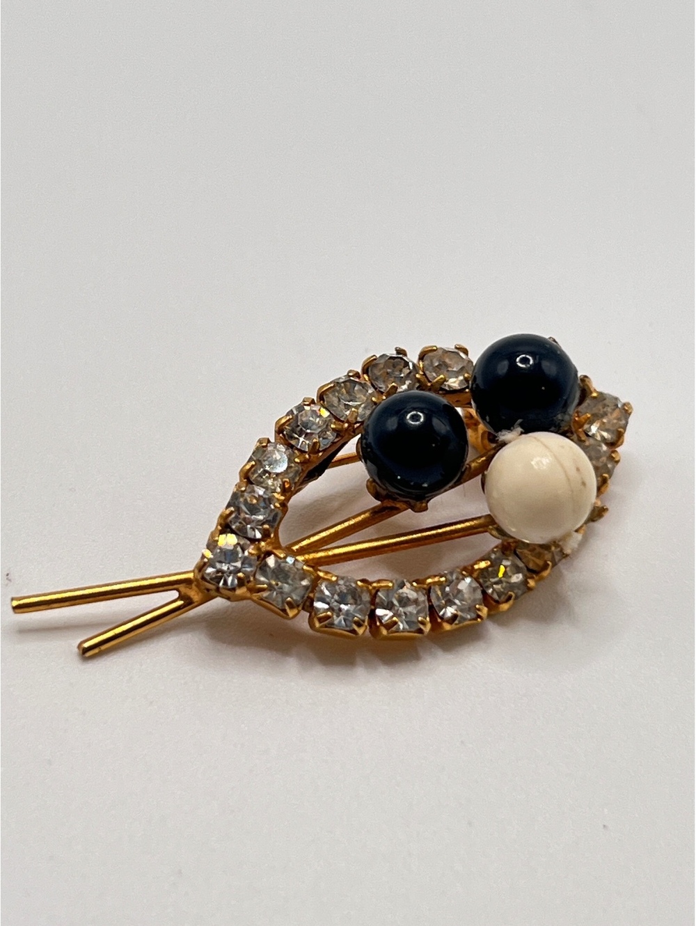 Vintage Rhinestone Black White Bead Gold Tone Brooch Pin 2.25”